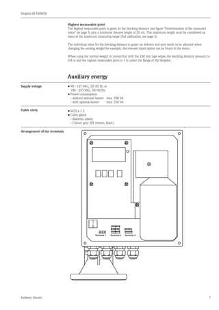 Silopilot M FMM50
Endress+Hauser 7
Highest measurable point
The highest measurable point is given by the blocking distance (see figure "Determination of the measured
value" on page 3) plus a minimum descent length of 20 cm. This maximum length must be considered on
input of the maximum measuring range (Full calibration, see page 3).
The individual value for the blocking distance is preset on delivery and only needs to be adjusted when
changing the sensing weight for example, the relevant input option can be found in the menu.
When using the normal weight in connection with the 230 mm tape wiper, the blocking distance amounts to
0.8 m and the highest measurable point is 1 m under the flange of the Silopilot.
Auxiliary energy
Supply voltage
Cable entry
Arrangement of the terminals
•	90 - 127 VAC, 50/60 Hz or
	 180 - 253 VAC, 50/60 Hz
•	Power consumption:
	 - without optional heater:	 max. 230 VA
	 - with optional heater:	 max. 250 VA
•	M25 x 1.5
•	Cable gland:
	 - Material: plastic
	 - Colour: grey (EX version: black)
Terminal 1 Terminal 2 Terminal 3
 