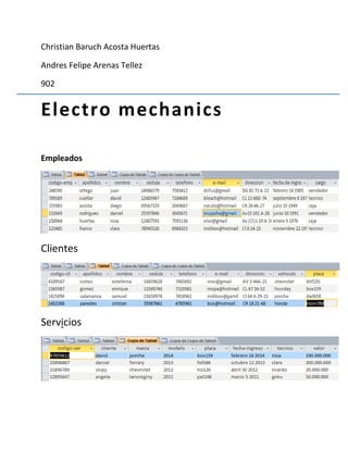 Christian Baruch Acosta Huertas
Andres Felipe Arenas Tellez
902
Electro mechanics
Empleados
Clientes
Servicios
 