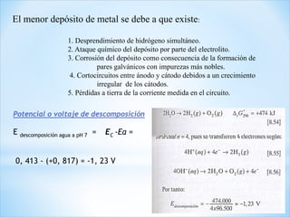 El menor depósito de metal se debe a que existe:
1. Desprendimiento de hidrógeno simultáneo.
2. Ataque químico del depósito por parte del electrolito.
3. Corrosión del depósito como consecuencia de la formación de
pares galvánicos con impurezas más nobles.
4. Cortocircuitos entre ánodo y cátodo debidos a un crecimiento
irregular de los cátodos.
5. Pérdidas a tierra de la corriente medida en el circuito.
Potencial o voltaje de descomposición
E descomposición agua a pH 7 = EC -Ea =
0, 413 - (+0, 817) = -1, 23 V
 