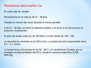 Parametros electroafino Cu:
En cada cuba 46 ánodos
Permanencia en la cuba es de 21 - 28 dias
Cátodos se retiran dos veces durante el mismo período.
A los 21 - 28 dias, se retira el desecho anódico y se envía a los hornos para su
posterior reutilización.
El peso del ánodo suele ser de 350 Kilos y el del cátodo de 140 - 150.
La densidad de corriente es de 225 A/m2, y el potencial está comprendido entre
0.2 - 0.3 voltios.
La temperatura del proceso es de 50 - 60°C y el rendimiento Faraday que se
consigue se sitúa alrededor del 95 %, siendo el consumo específico 0.250
KWh/Kg.
 