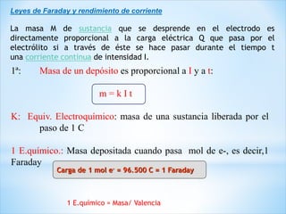 Leyes de Faraday y rendimiento de corriente
La masa M de sustancia que se desprende en el electrodo es
directamente proporcional a la carga eléctrica Q que pasa por el
electrólito si a través de éste se hace pasar durante el tiempo t
una corriente continua de intensidad I.
1ª: Masa de un depósito es proporcional a I y a t:
m = k I t
K: Equiv. Electroquímico: masa de una sustancia liberada por el
paso de 1 C
1 E.químico.: Masa depositada cuando pasa mol de e-, es decir,1
Faraday
Carga de 1 mol e- = 96.500 C = 1 Faraday
1 E.químico = Masa/ Valencia
 