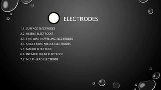1.1. SURFACE ELECTRODES
2.2. NEEDLE ELECTRODES
3.3. FINE WIRE INDWELLING ELECTRODES
4.4. SINGLE FIBRE NEEDLE ELECTRODES
5.5. MACRO ELECTRODE
6.6. INTRACELLULAR ELECTRODE
7.7. MULTI-LEAD ELECTRODE
ELECTRODES
 