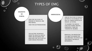 TYPES OF EMG
USED FOR THE STUDY OF
DISEASES OF MUSCLES, NMJ
AND NERVES.
USED FOR ELECTRODIAGNOSIS
THE ELECTRIC POTENTIALS
FROM THE SKELETAL MUSCLE
FIBRES ARE RECORDED AND
ANALYZED FOR THE STUDY OF
SOME DISEASE PROCESSES.
DIAGNOSTIC
OR
CLINICAL
USED IN THE STUDY OF MUSCLE
ACTIVITY & TO ESTABLISH THE
ROLE OF VARIOUS MUSCLES IN
SPECIFIC ACTIVITIES.
TO EXAMINE THE MUSCLE
FUNCTION DURING SPECIFIC,
PURPOSEFUL TASKS OR
THERAPEUTIC REGIMEN.
BENEFICIAL FOR PRODUCING
THE OBJECTIVE MEANS FOR
DUCUMENTING THE EFFECTS OF
TREATMENTS ON MUSCLE
IMPAIRMENTS.
KINESIOLOGICAL
 