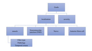 Goals
localization
muscle
Fibre type
Pathology
Temporal course
Neuromuscular
junction (NMJ)
Nerve Anterior Horn cell
severity
 