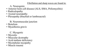 Fibrillation and sharp waves are found in:
A. Neurogenic
• Anterior horn cell disease (ALS, SMA, Poliomyelitis)
• Radiculopathy
• Axonal neuropathy
• Plexopathy (brachial or lumbosacral)
B. Neuromuscular junction
• Botulism
• Myasthenia gravis
C. Myogenic
• Myositis
• Muscular dystrophy
• Acid maltase deficiency
• Myotubular myopathy
• Muscle trauma
 