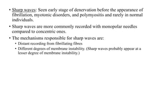 • Sharp waves: Seen early stage of denervation before the appearance of
fibrillation, myotonic disorders, and polymyositis and rarely in normal
individuals.
• Sharp waves are more commonly recorded with monopolar needles
compared to concentric ones.
• The mechanisms responsible for sharp waves are:
• Distant recording from fibrillating fibres
• Different degrees of membrane instability. (Sharp waves probably appear at a
lesser degree of membrane instability.)
 