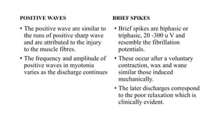 POSITIVE WAVES
• The positive wave are similar to
the runs of positive sharp wave
and are attributed to the injury
to the muscle fibres.
• The frequency and amplitude of
positive waves in myotonia
varies as the discharge continues
BRIEF SPIKES
• Brief spikes are biphasic or
triphasic, 20 -300 u V and
resemble the fibrillation
potentials.
• These occur after a voluntary
contraction, wax and wane
similar those induced
mechanically.
• The later discharges correspond
to the poor relaxation which is
clinically evident.
 