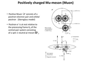 Positively charged Mu-meson (Muon)
• Positive Muon m+ consists of a
positron-electron pair and orbital
positron (Sternglass model)
• Positron e+ is at rest relative to
the precessing frame KP of the
central pair system consisting
of a spin 1 neutral pi-meson p0
1.
 