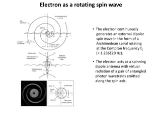 Electron as a rotating spin wave
• The electron continuously
generates an external dipolar
spin wave in the form of a
Archimedean spiral rotating
at the Compton frequency fC
(= 1.236E20 Hz).
• The electron acts as a spinning
dipole antenna with virtual
radiation of a pair of entangled
photon wavetrains emitted
along the spin axis.
 