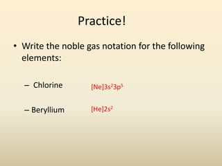 Practice!
• Write the noble gas notation for the following
elements:
– Chlorine
– Beryllium
[Ne]3s23p5
[He]2s2
 