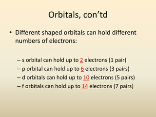 Orbitals, con’td
• Different shaped orbitals can hold different
numbers of electrons:
– s orbital can hold up to 2 electrons (1 pair)
– p orbital can hold up to 6 electrons (3 pairs)
– d orbitals can hold up to 10 electrons (5 pairs)
– f orbitals can hold up to 14 electrons (7 pairs)
 