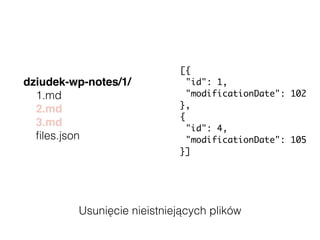 Usunięcie nieistniejących plików
dziudek-wp-notes/1/
1.md
2.md
3.md
ﬁles.json
[{
"id": 1,
"modificationDate": 102
}, 
{
"id": 4,
"modificationDate": 105
}]
 