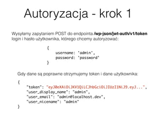 Autoryzacja - krok 1
Wysyłamy zapytaniem POST do endpointa /wp-json/jwt-auth/v1/token  
login i hasło użytkownika, którego chcemy autoryzować:
{
username: 'admin',
password: 'password'
}
{
"token": "eyJ0eXAiOiJKV1QiLCJhbGciOiJIUzI1NiJ9.eyJ...",
"user_display_name": "admin",
"user_email": "admin@localhost.dev",
"user_nicename": "admin"
}
Gdy dane są poprawne otrzymujemy token i dane użytkownika:
 