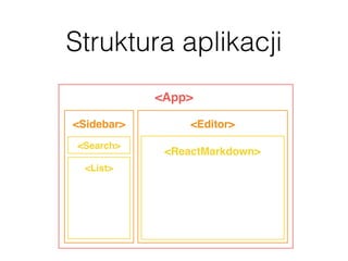 Struktura aplikacji
<App>
<Editor><Sidebar>
<Search>
<List>
<ReactMarkdown>
 