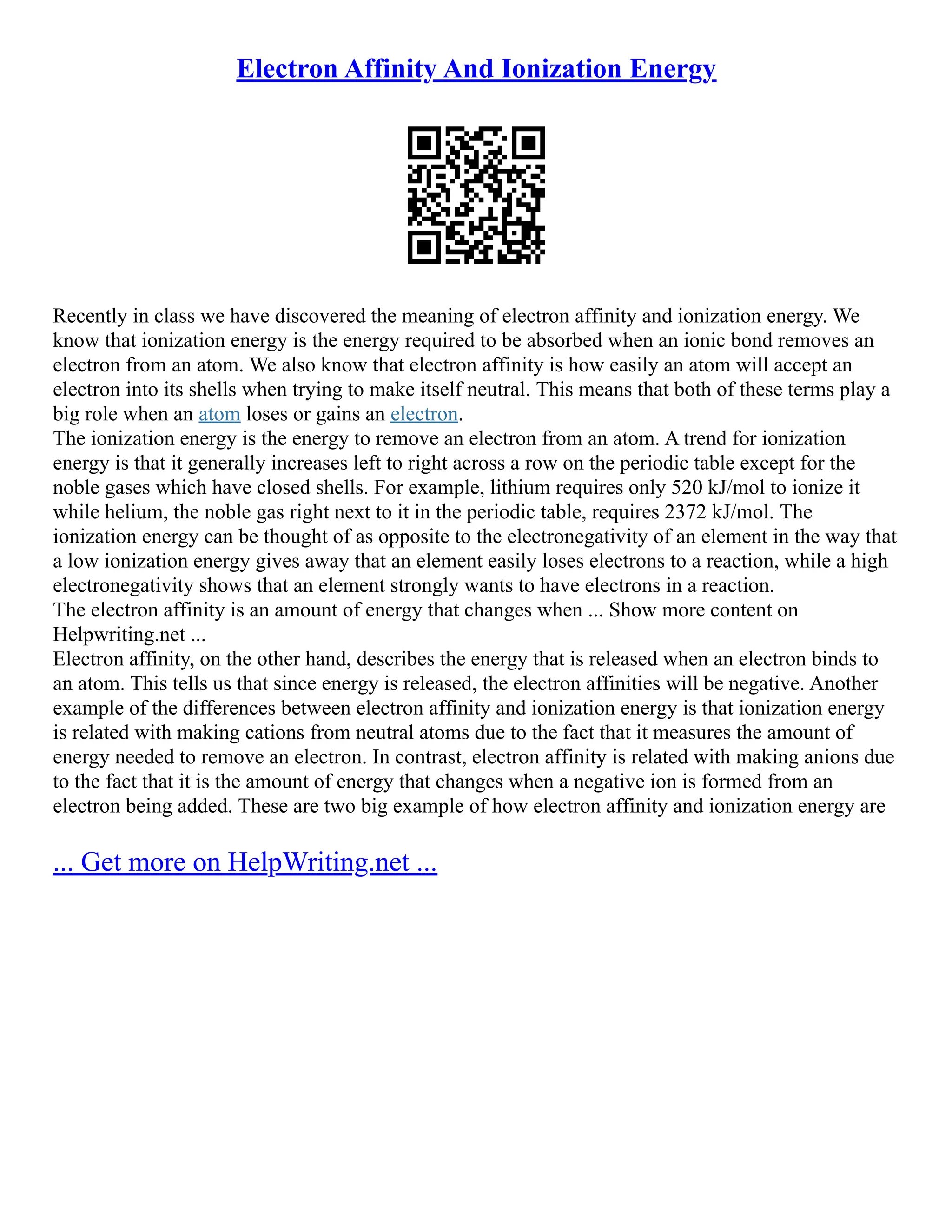 Electron Affinity And Ionization Energy | PDF