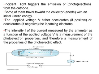 •Incident light triggers the emission of (photo)electrons
from the cathode.
•Some of them travel toward the collector (anode) with an
initial kinetic energy.
•The applied voltage V either accelerates (if positive) or
decelerates (if negative) the incoming electrons.
•The intensity I of the current measured by the ammeter as
a function of the applied voltage V is a measurement of the
photoelectron properties, and therefore a measurement of
the properties of the photoelectric effect.
 