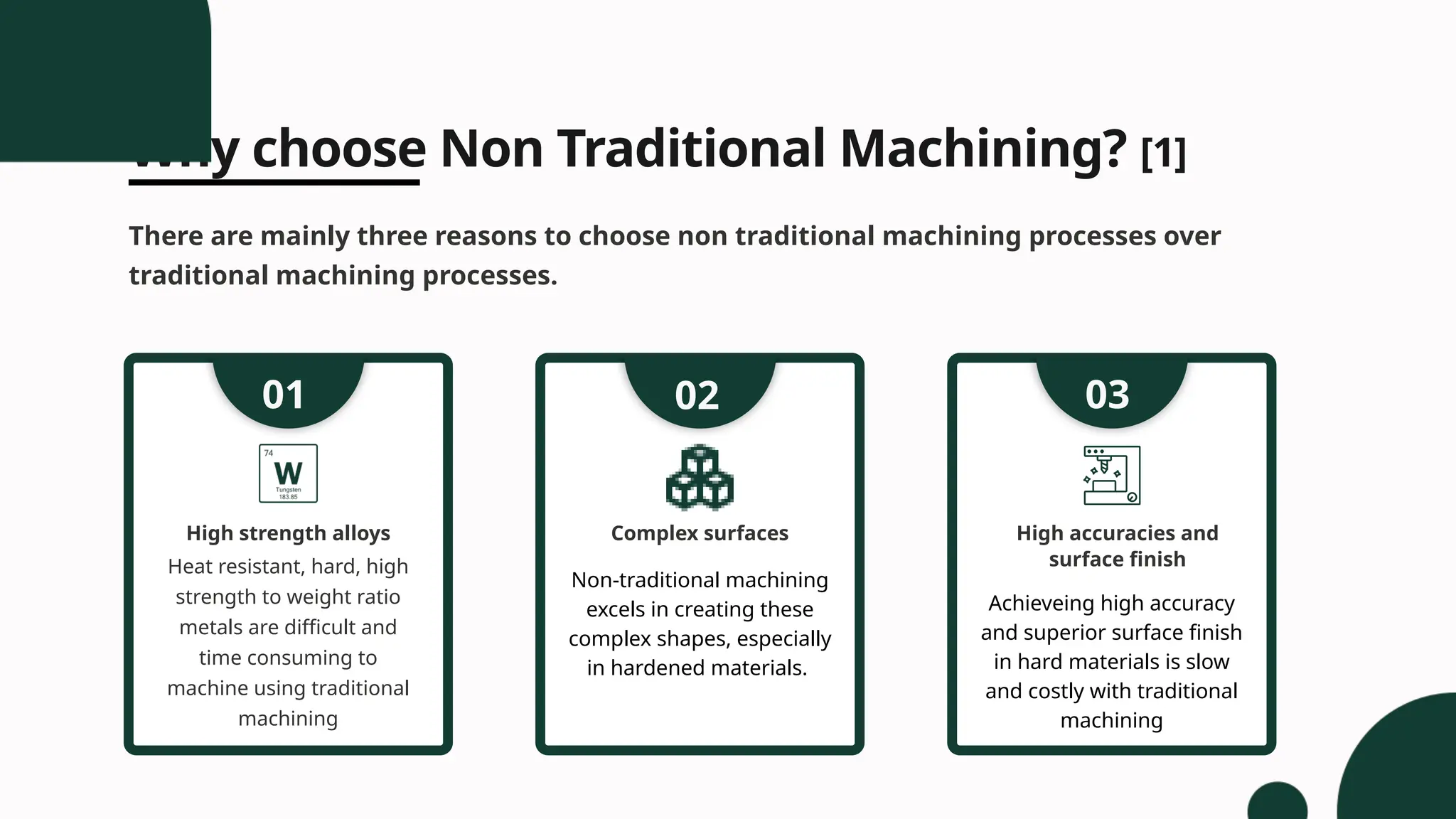 Why choose Non Traditional Machining? [1]
There are mainly three reasons to choose non traditional machining processes over
traditional machining processes.
Heat resistant, hard, high
strength to weight ratio
metals are difficult and
time consuming to
machine using traditional
machining
High strength alloys
01
Complex surfaces
02
High accuracies and
surface finish
03
Non-traditional machining
excels in creating these
complex shapes, especially
in hardened materials.
Achieveing high accuracy
and superior surface finish
in hard materials is slow
and costly with traditional
machining
 