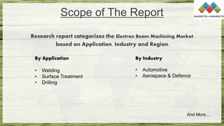 Scope of The Report
Research report categorizes the Electron Beam Machining Market
based on Application, Industry and Region.
And More…
By Application
• Welding
• Surface Treatment
• Drilling
By Industry
• Automotive
• Aerospace & Defence
 