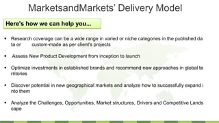 MarketsandMarkets’ Delivery Model
Here's how we can help you...
 Research coverage can be a wide range in varied or niche categories in the published da
ta or custom-made as per client's projects
 Assess New Product Development from inception to launch
 Optimize investments in established brands and recommend new approaches in global te
rritories
 Discover potential in new geographical markets and analyze how to successfully expand i
nto them
 Analyze the Challenges, Opportunities, Market structures, Drivers and Competitive Lands
cape
 