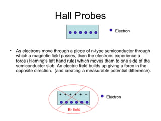 Hall Probes
• As electrons move through a piece of n-type semiconductor through
which a magnetic field passes, then the electrons experience a
force (Fleming's left hand rule) which moves them to one side of the
semiconductor slab. An electric field builds up giving a force in the
opposite direction. (and creating a measurable potential difference).
Electron
Electron
+ + + + + +
B- field
 