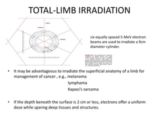 TOTAL-LIMB IRRADIATION
• It may be advantageous to irradiate the superficial anatomy of a limb for
management of cancer , e.g., melanoma
lymphoma
Kaposi’s sarcoma
• If the depth beneath the surface is 2 cm or less, electrons offer a uniform
dose while sparing deep tissues and structures.
six equally spaced 5-MeV electron
beams are used to irradiate a 9cm
diameter cylinder.
 