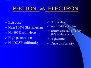 PHOTON vs. ELECTRON
 Exit dose
 Near 100% Skin sparing
 No 100% skin dose
 High penetration
 No DOSE uniformity
 No exit dose
 near 100% skin dose
 abrupt dose fall off after
80% isodose curve
 High scatter
 Dose uniformity
 