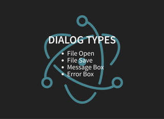 DIALOG TYPES
File Open
File Save
Message Box
Error Box
 