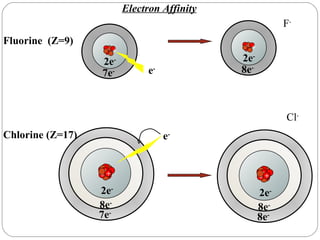 Electron Affinity e - Fluorine  (Z=9) 8e - Chlorine (Z=17) 2e - 2e - 7e - 7e - 2e - 8e - F - e - 8e - 2e - 8e - Cl - + + + + + + + + + + + + + + 