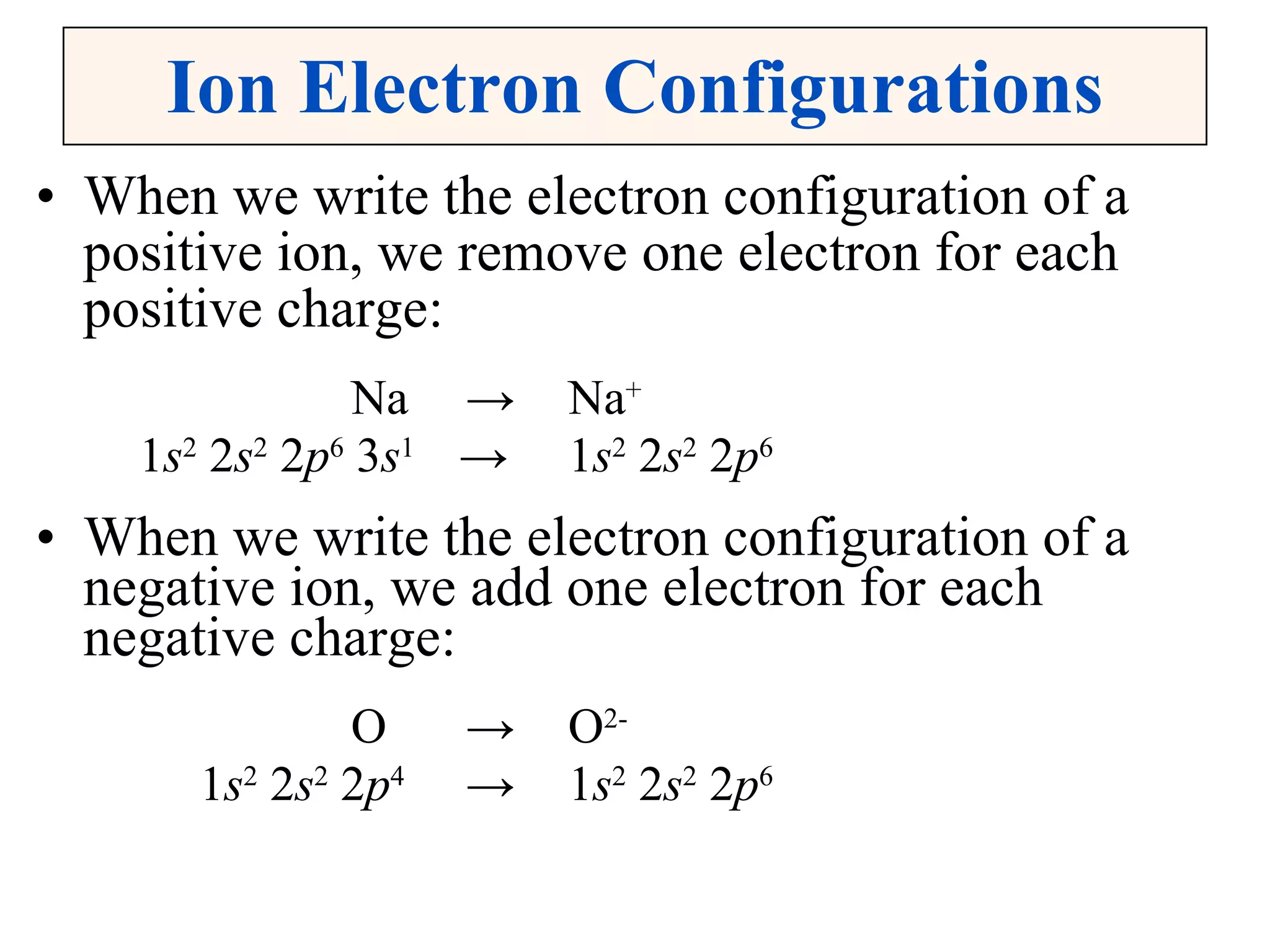 Ion Electron Configurations When we write the electron configuration of a positive ion, we remove one electron for each positive charge:   Na   ->   Na + 1 s 2  2 s 2  2 p 6  3 s 1  ->   1 s 2  2 s 2  2 p 6 When we write the electron configuration of a negative ion, we add one electron for each negative charge:   O   ->   O 2-   1 s 2  2 s 2  2 p 4   ->   1 s 2  2 s 2  2 p 6 