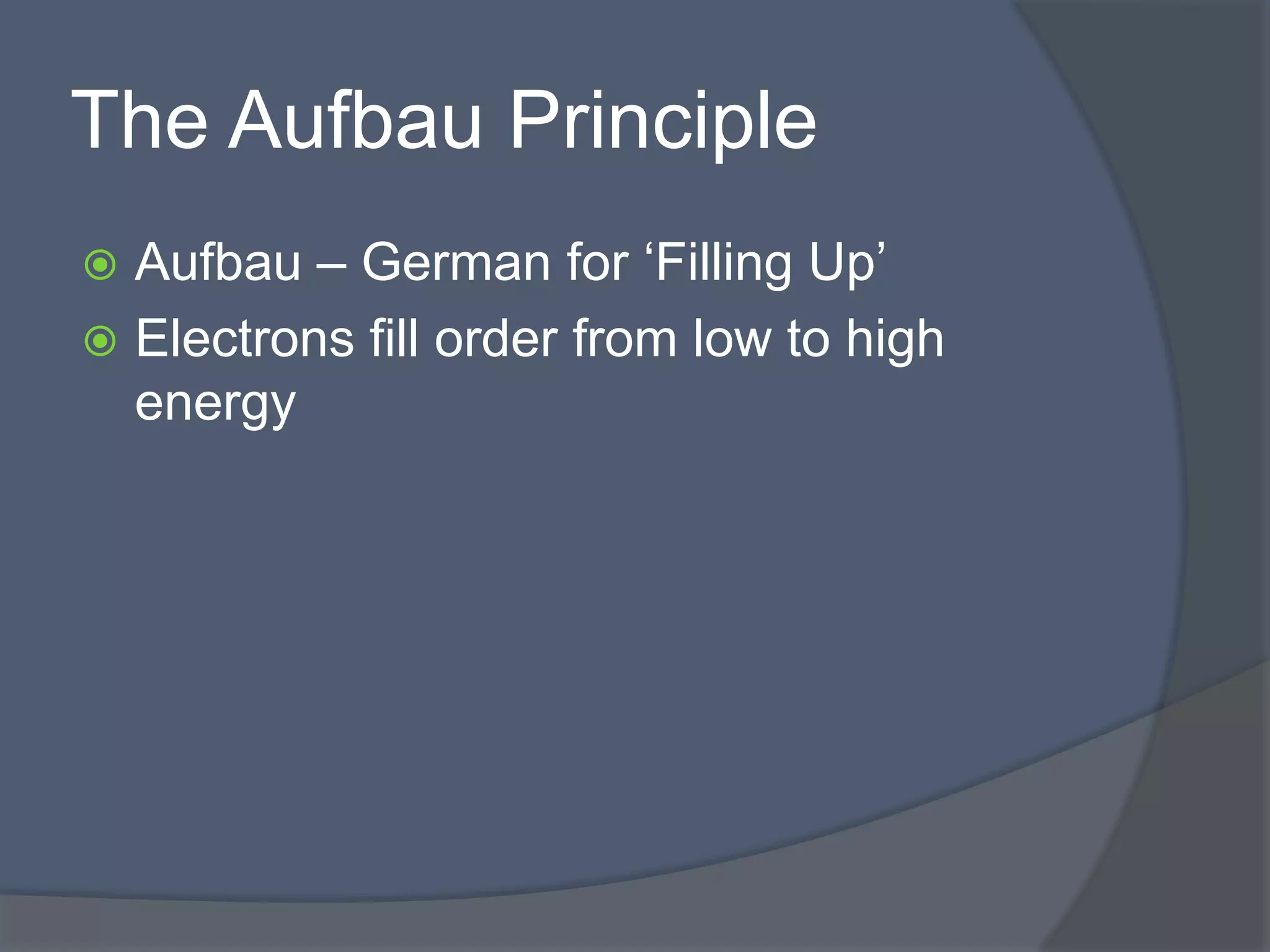 The Aufbau Principle 
 Aufbau – German for ‘Filling Up’ 
 Electrons fill order from low to high 
energy 
 