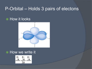 P-Orbital – Holds 3 pairs of electons 
 How it looks 
 How we write it 
 