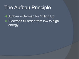 The Aufbau Principle 
 Aufbau – German for ‘Filling Up’ 
 Electrons fill order from low to high 
energy 
 