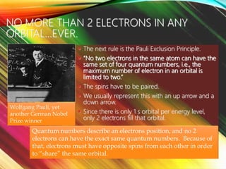 NO MORE THAN 2 ELECTRONS IN ANY
ORBITAL…EVER.
 The next rule is the Pauli Exclusion Principle.
 “No two electrons in the same atom can have the
same set of four quantum numbers, i.e., the
maximum number of electron in an orbital is
limited to two.”
 The spins have to be paired.
 We usually represent this with an up arrow and a
down arrow.
 Since there is only 1 s orbital per energy level,
only 2 electrons fill that orbital.
Wolfgang Pauli, yet
another German Nobel
Prize winner
Quantum numbers describe an electrons position, and no 2
electrons can have the exact same quantum numbers. Because of
that, electrons must have opposite spins from each other in order
to “share” the same orbital.
 
