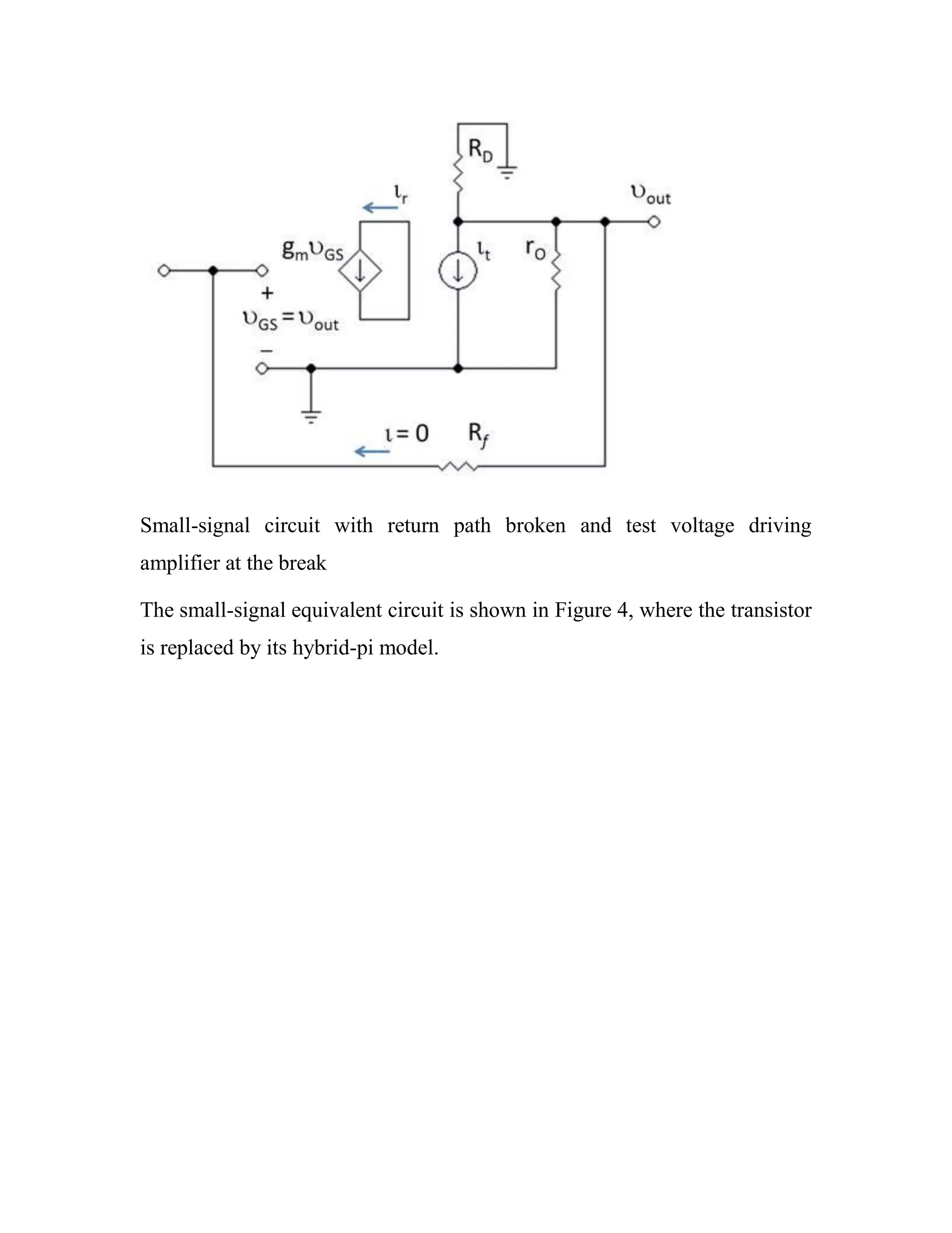Small-signal circuit with return path broken and test voltage driving
amplifier at the break
The small-signal equivalent circuit is shown in Figure 4, where the transistor
is replaced by its hybrid-pi model.
 