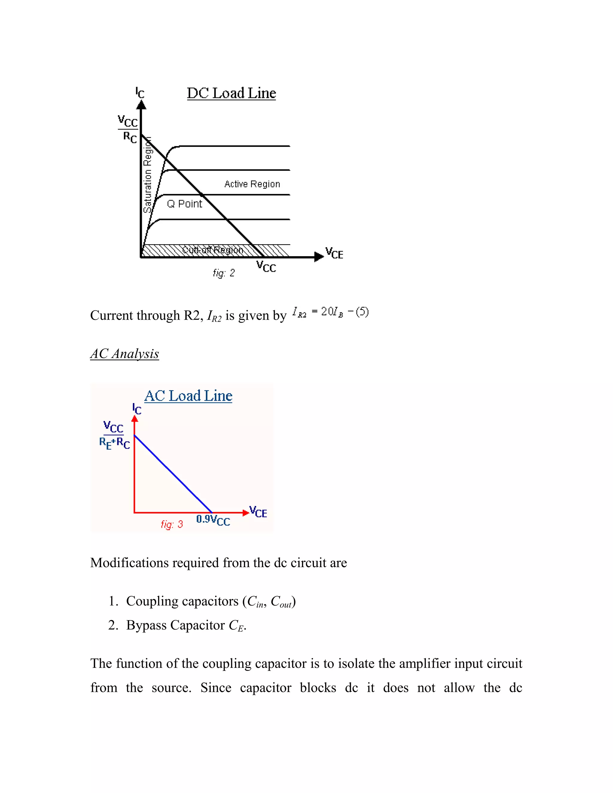 Current through R2, IR2 is given by
AC Analysis
Modifications required from the dc circuit are
1. Coupling capacitors (Cin, Cout)
2. Bypass Capacitor CE.
The function of the coupling capacitor is to isolate the amplifier input circuit
from the source. Since capacitor blocks dc it does not allow the dc
 