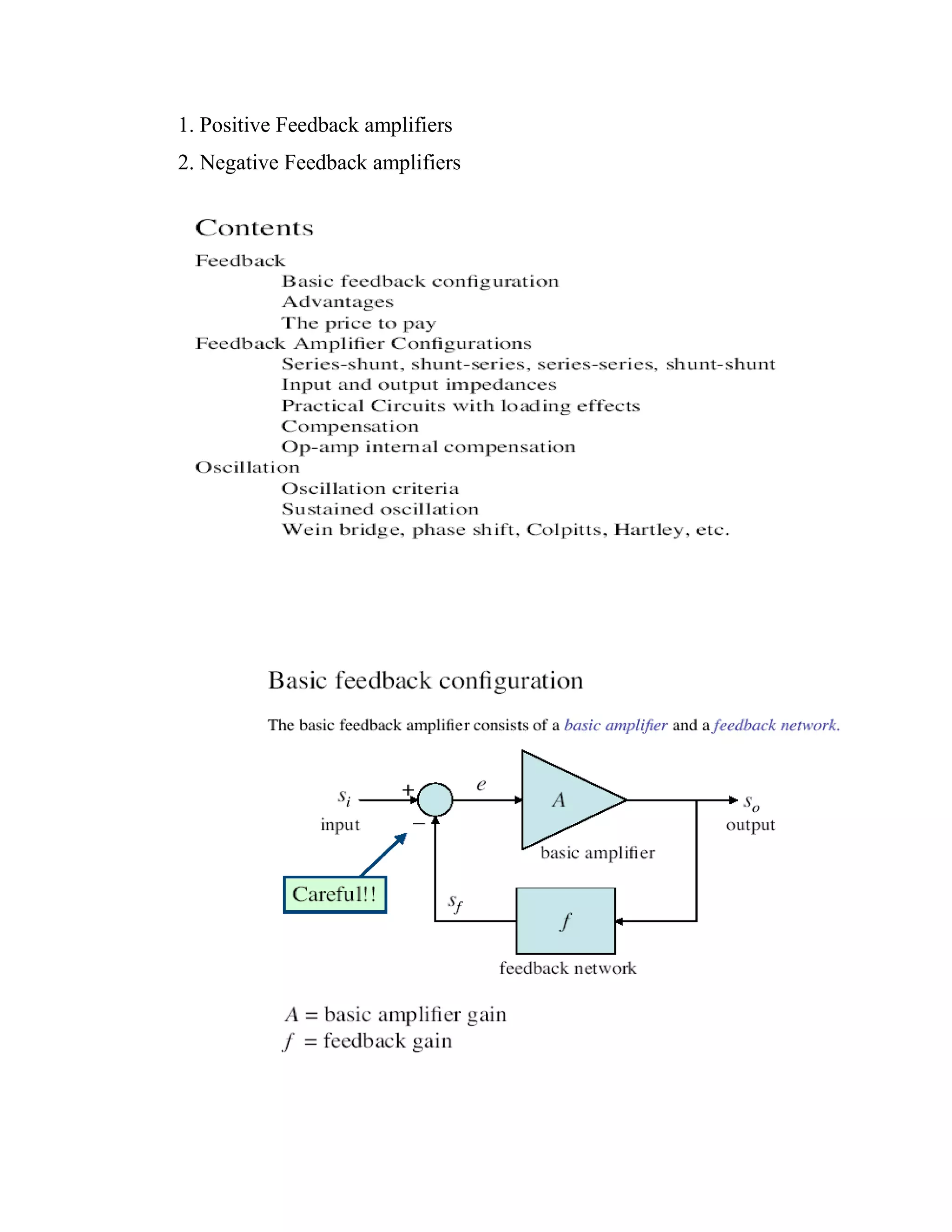 1. Positive Feedback amplifiers
2. Negative Feedback amplifiers
 