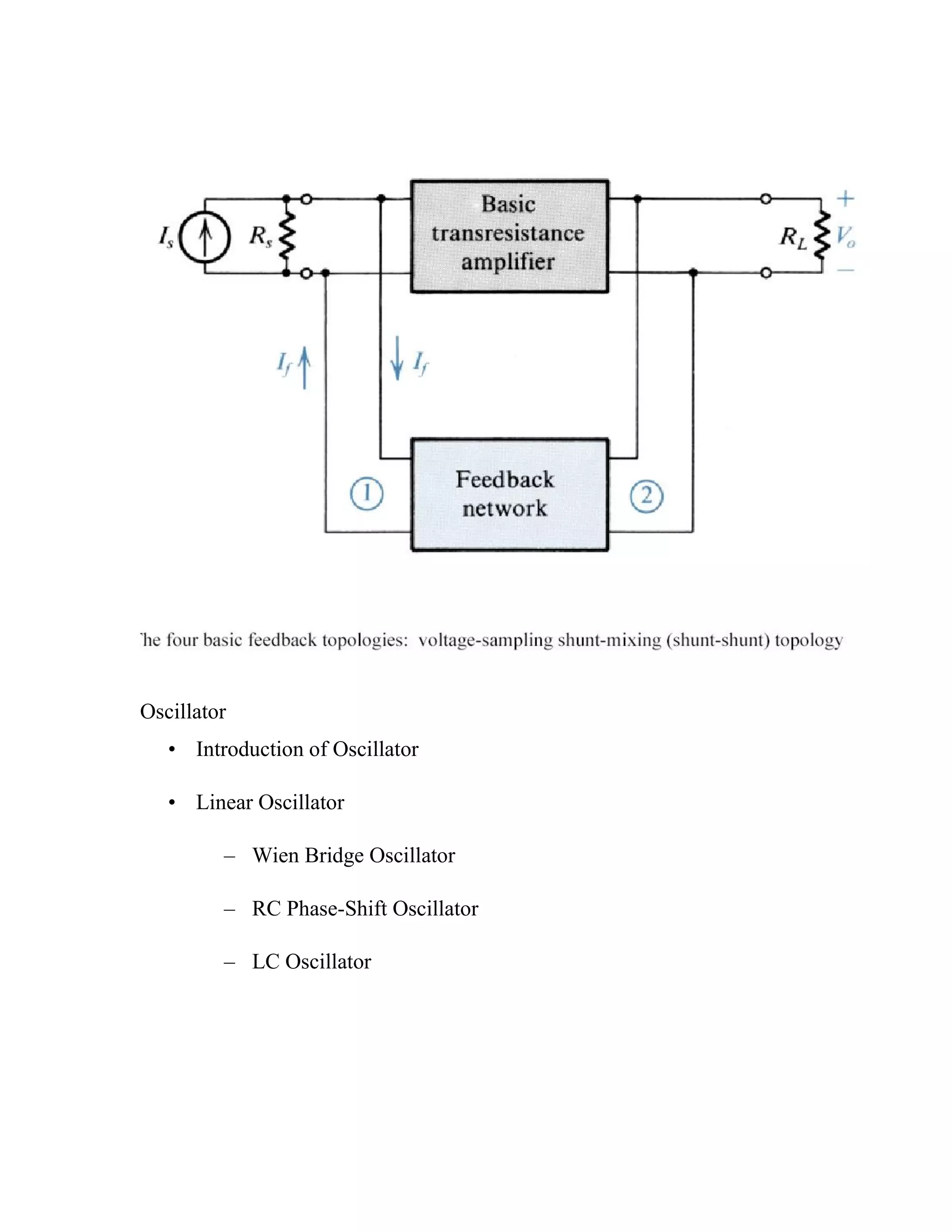 Oscillator
• Introduction of Oscillator
• Linear Oscillator
– Wien Bridge Oscillator
– RC Phase-Shift Oscillator
– LC Oscillator
 