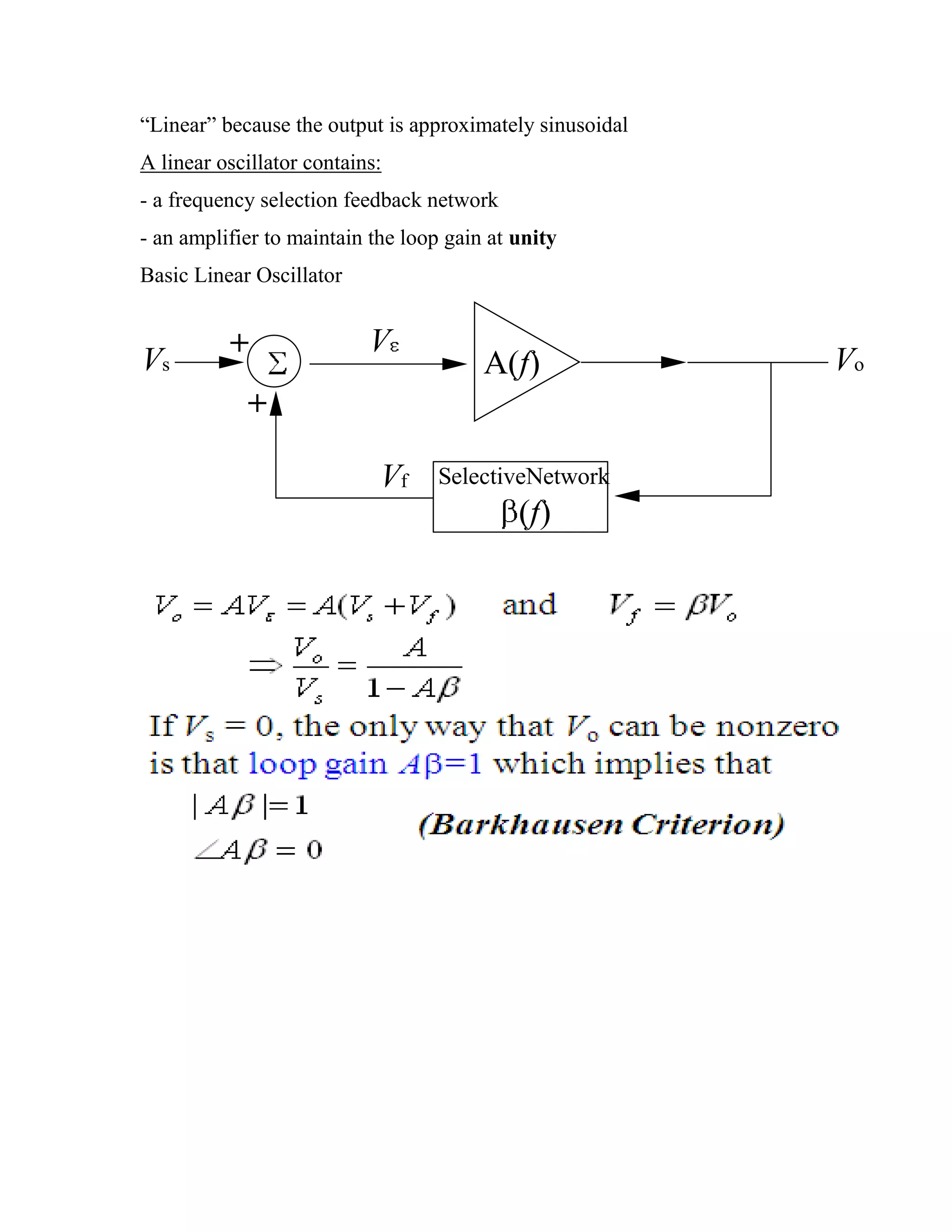 ―Linear‖ because the output is approximately sinusoidal
A linear oscillator contains:
- a frequency selection feedback network
- an amplifier to maintain the loop gain at unity
Basic Linear Oscillator
+
+
SelectiveNetwork
(f)
Vf
Vs Vo
V
A(f)
 