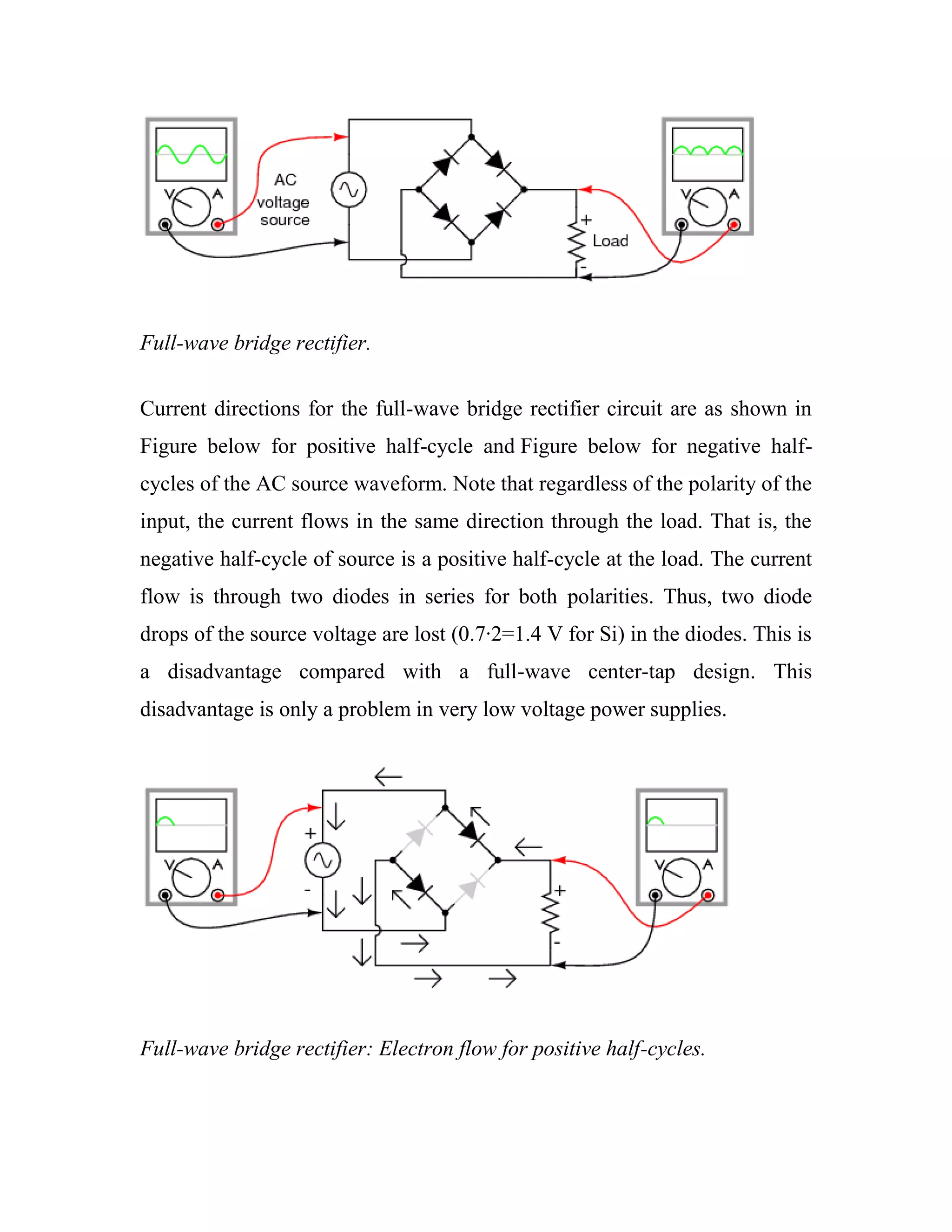 Full-wave bridge rectifier.
Current directions for the full-wave bridge rectifier circuit are as shown in
Figure below for positive half-cycle and Figure below for negative half-
cycles of the AC source waveform. Note that regardless of the polarity of the
input, the current flows in the same direction through the load. That is, the
negative half-cycle of source is a positive half-cycle at the load. The current
flow is through two diodes in series for both polarities. Thus, two diode
drops of the source voltage are lost (0.7·2=1.4 V for Si) in the diodes. This is
a disadvantage compared with a full-wave center-tap design. This
disadvantage is only a problem in very low voltage power supplies.
Full-wave bridge rectifier: Electron flow for positive half-cycles.
 
