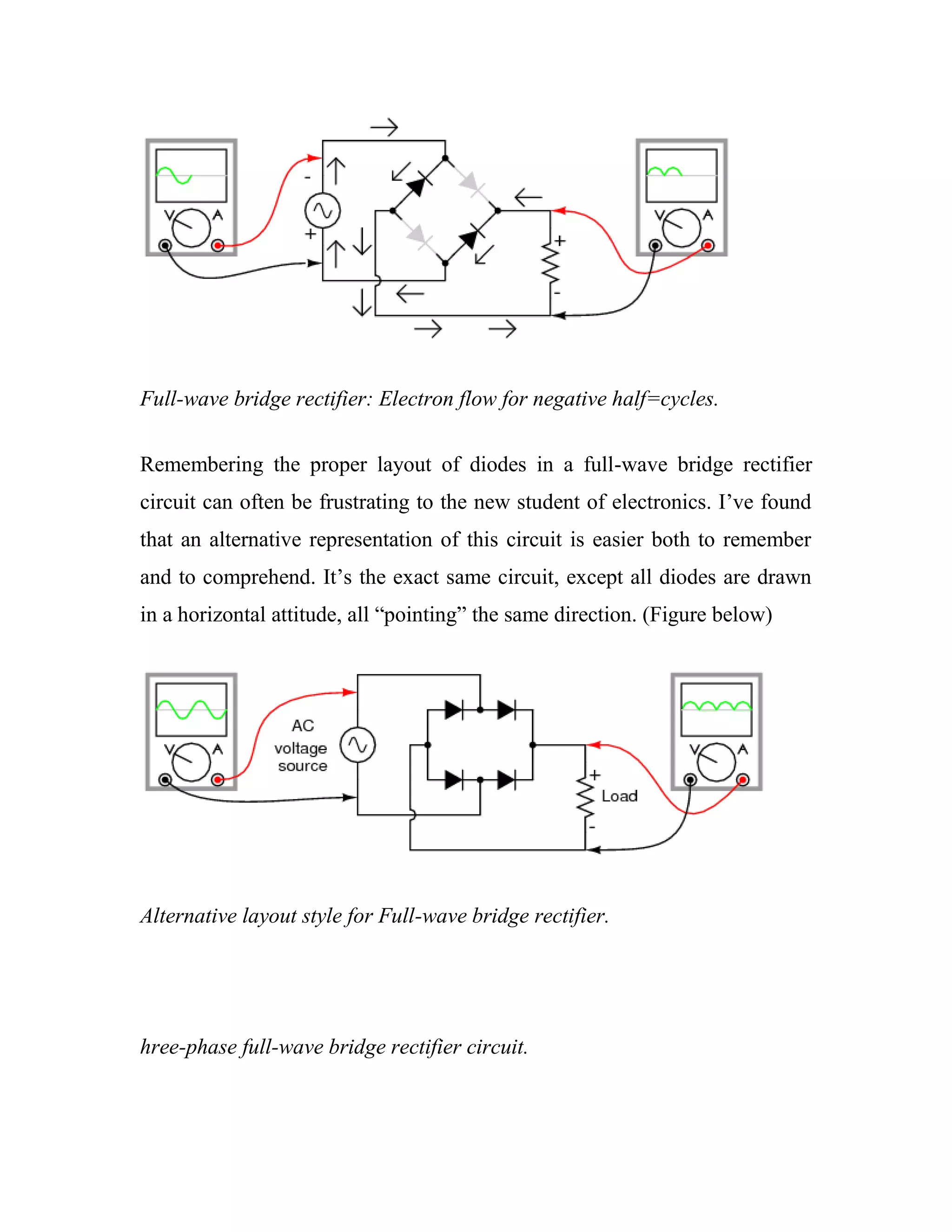 Full-wave bridge rectifier: Electron flow for negative half=cycles.
Remembering the proper layout of diodes in a full-wave bridge rectifier
circuit can often be frustrating to the new student of electronics. I‘ve found
that an alternative representation of this circuit is easier both to remember
and to comprehend. It‘s the exact same circuit, except all diodes are drawn
in a horizontal attitude, all ―pointing‖ the same direction. (Figure below)
Alternative layout style for Full-wave bridge rectifier.
hree-phase full-wave bridge rectifier circuit.
 