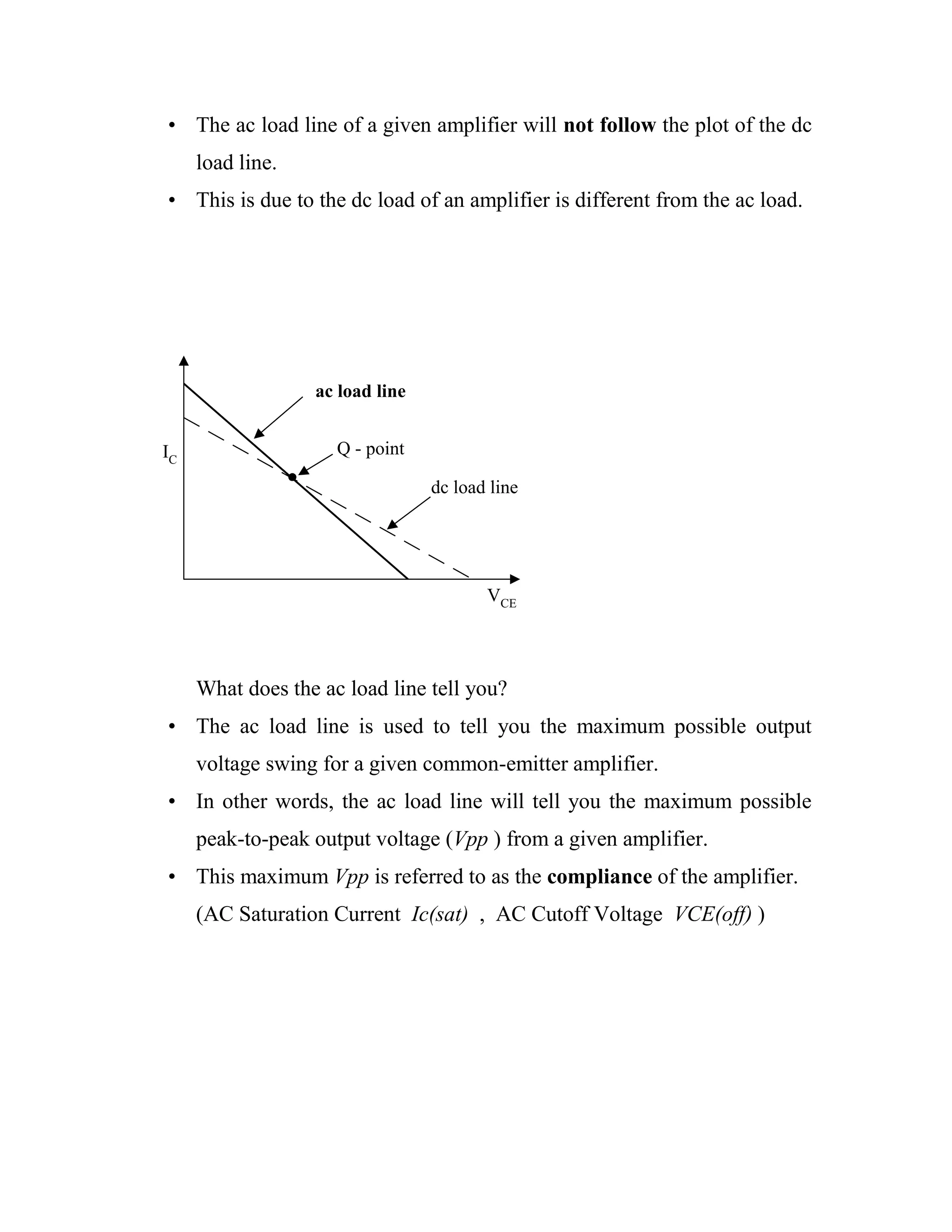 • The ac load line of a given amplifier will not follow the plot of the dc
load line.
• This is due to the dc load of an amplifier is different from the ac load.
What does the ac load line tell you?
• The ac load line is used to tell you the maximum possible output
voltage swing for a given common-emitter amplifier.
• In other words, the ac load line will tell you the maximum possible
peak-to-peak output voltage (Vpp ) from a given amplifier.
• This maximum Vpp is referred to as the compliance of the amplifier.
(AC Saturation Current Ic(sat) , AC Cutoff Voltage VCE(off) )
IC
VCE
Q - point
ac load line
dc load line
 