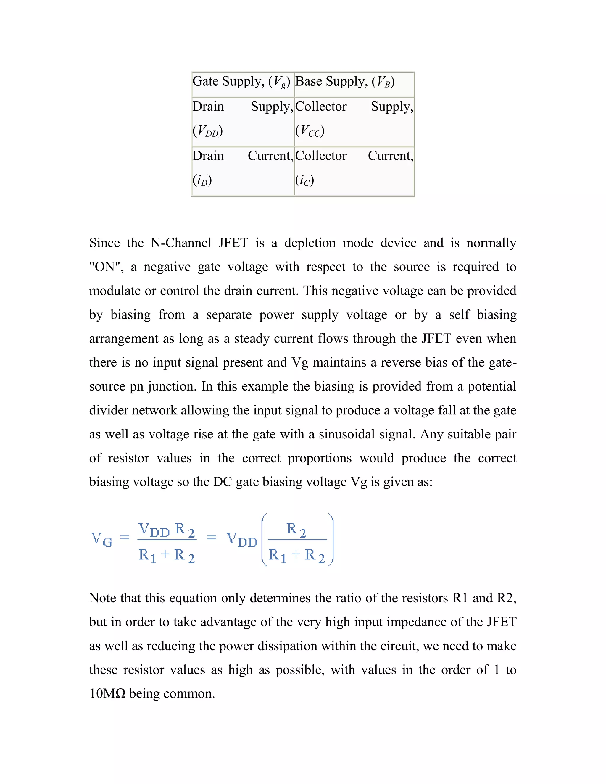 Gate Supply, (Vg) Base Supply, (VB)
Drain Supply,
(VDD)
Collector Supply,
(VCC)
Drain Current,
(iD)
Collector Current,
(iC)
Since the N-Channel JFET is a depletion mode device and is normally
"ON", a negative gate voltage with respect to the source is required to
modulate or control the drain current. This negative voltage can be provided
by biasing from a separate power supply voltage or by a self biasing
arrangement as long as a steady current flows through the JFET even when
there is no input signal present and Vg maintains a reverse bias of the gate-
source pn junction. In this example the biasing is provided from a potential
divider network allowing the input signal to produce a voltage fall at the gate
as well as voltage rise at the gate with a sinusoidal signal. Any suitable pair
of resistor values in the correct proportions would produce the correct
biasing voltage so the DC gate biasing voltage Vg is given as:
Note that this equation only determines the ratio of the resistors R1 and R2,
but in order to take advantage of the very high input impedance of the JFET
as well as reducing the power dissipation within the circuit, we need to make
these resistor values as high as possible, with values in the order of 1 to
10MΩ being common.
 