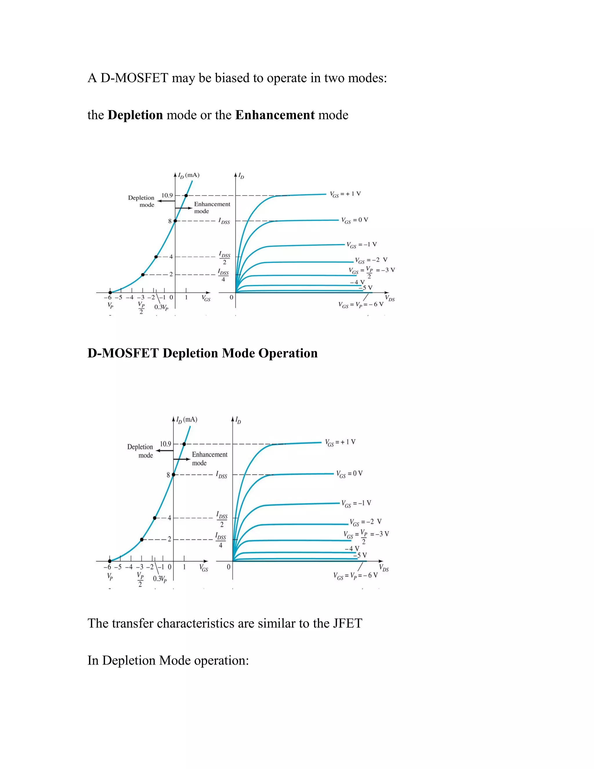 A D-MOSFET may be biased to operate in two modes:
the Depletion mode or the Enhancement mode
D-MOSFET Depletion Mode Operation
The transfer characteristics are similar to the JFET
In Depletion Mode operation:
 