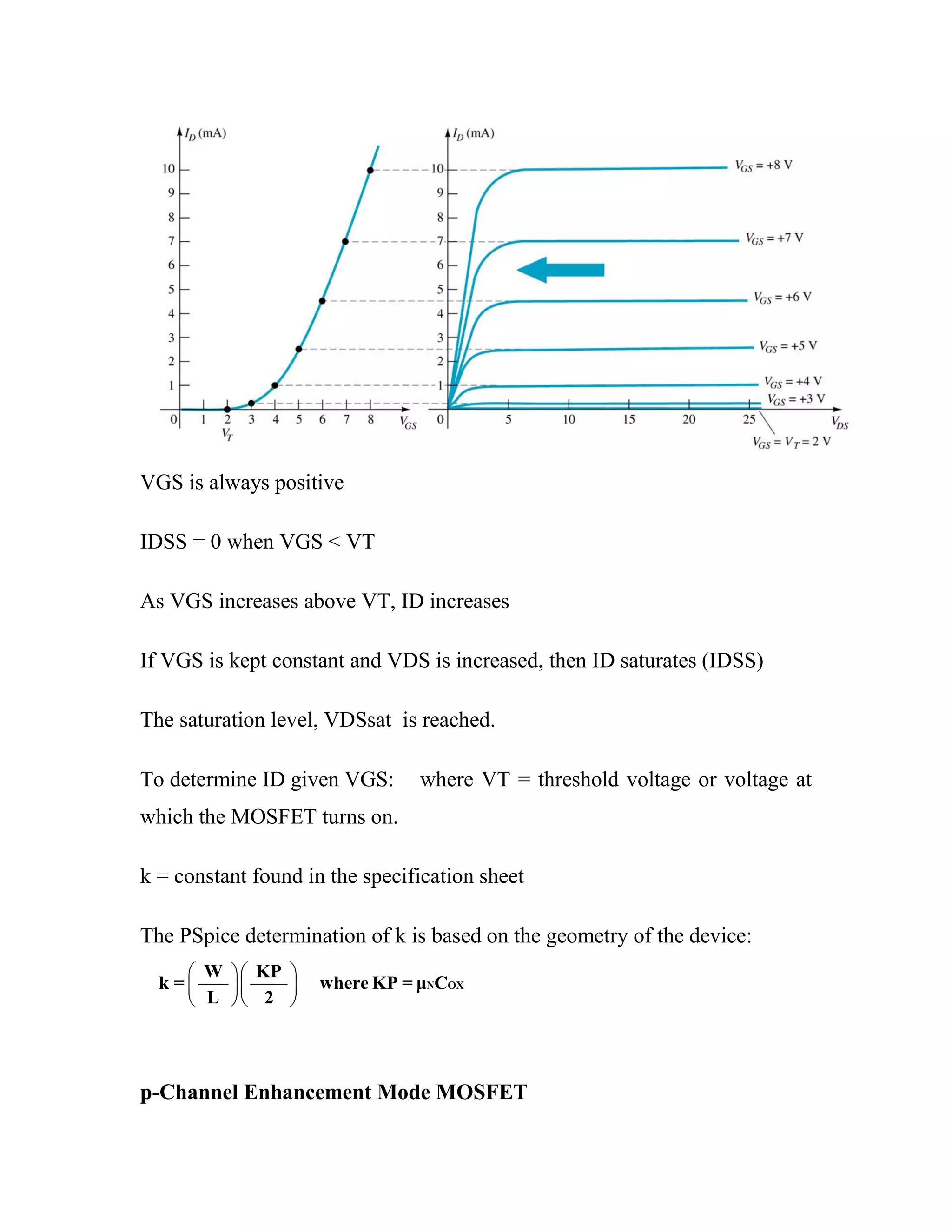 VGS is always positive
IDSS = 0 when VGS < VT
As VGS increases above VT, ID increases
If VGS is kept constant and VDS is increased, then ID saturates (IDSS)
The saturation level, VDSsat is reached.
To determine ID given VGS: where VT = threshold voltage or voltage at
which the MOSFET turns on.
k = constant found in the specification sheet
The PSpice determination of k is based on the geometry of the device:
p-Channel Enhancement Mode MOSFET
N OX
W KP
k = where KP = μ C
L 2
 
