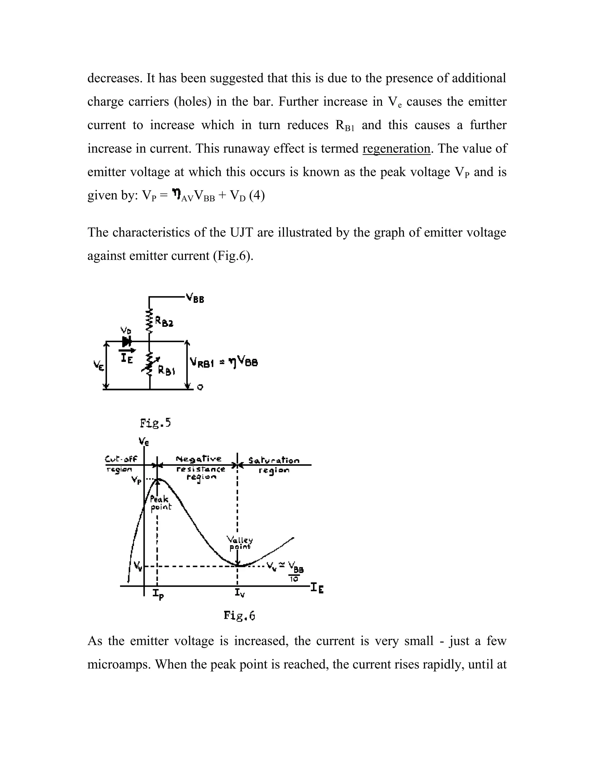 decreases. It has been suggested that this is due to the presence of additional
charge carriers (holes) in the bar. Further increase in Ve causes the emitter
current to increase which in turn reduces RB1 and this causes a further
increase in current. This runaway effect is termed regeneration. The value of
emitter voltage at which this occurs is known as the peak voltage VP and is
given by: VP = AVVBB + VD (4)
The characteristics of the UJT are illustrated by the graph of emitter voltage
against emitter current (Fig.6).
As the emitter voltage is increased, the current is very small - just a few
microamps. When the peak point is reached, the current rises rapidly, until at
 