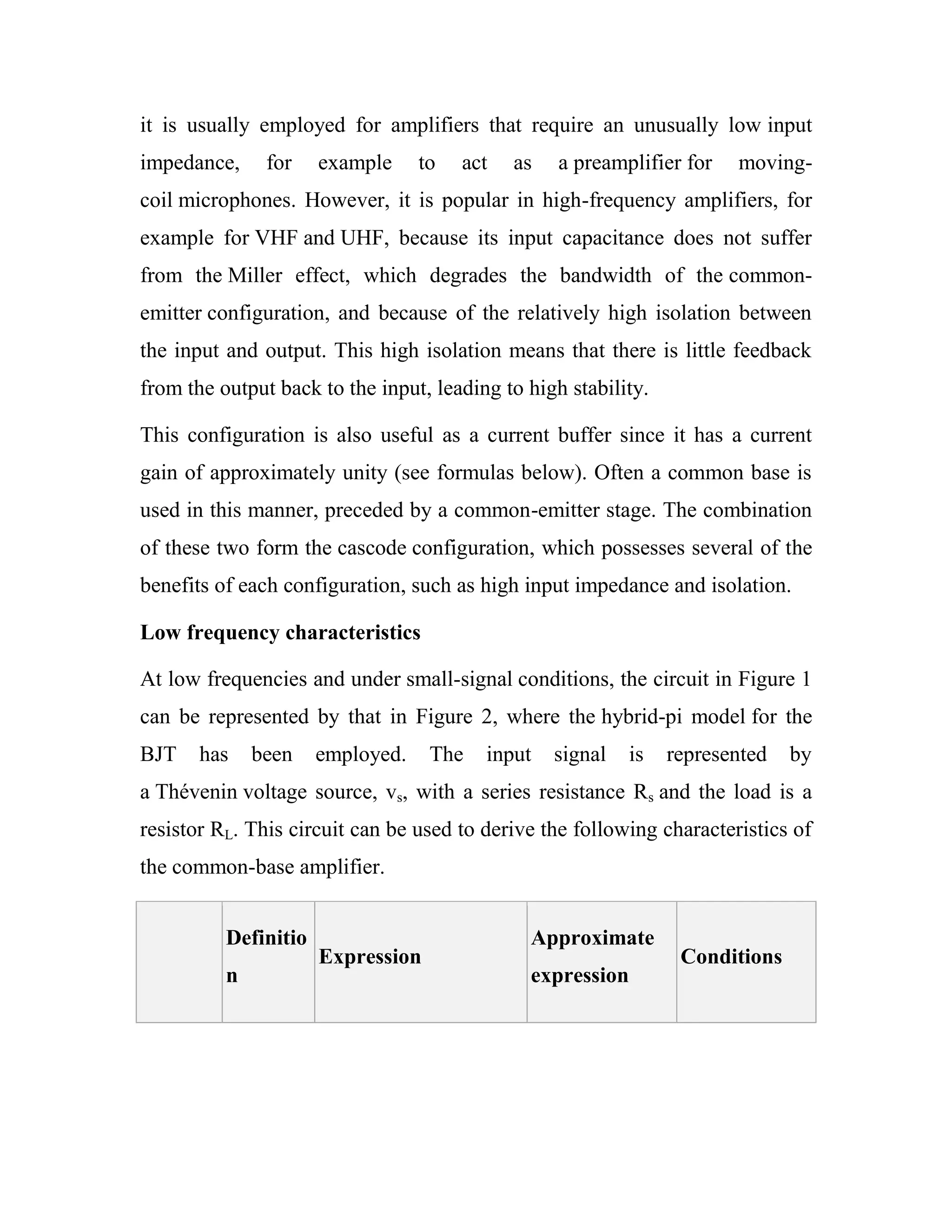 it is usually employed for amplifiers that require an unusually low input
impedance, for example to act as a preamplifier for moving-
coil microphones. However, it is popular in high-frequency amplifiers, for
example for VHF and UHF, because its input capacitance does not suffer
from the Miller effect, which degrades the bandwidth of the common-
emitter configuration, and because of the relatively high isolation between
the input and output. This high isolation means that there is little feedback
from the output back to the input, leading to high stability.
This configuration is also useful as a current buffer since it has a current
gain of approximately unity (see formulas below). Often a common base is
used in this manner, preceded by a common-emitter stage. The combination
of these two form the cascode configuration, which possesses several of the
benefits of each configuration, such as high input impedance and isolation.
Low frequency characteristics
At low frequencies and under small-signal conditions, the circuit in Figure 1
can be represented by that in Figure 2, where the hybrid-pi model for the
BJT has been employed. The input signal is represented by
a Thévenin voltage source, vs, with a series resistance Rs and the load is a
resistor RL. This circuit can be used to derive the following characteristics of
the common-base amplifier.
Definitio
n
Expression
Approximate
expression
Conditions
 