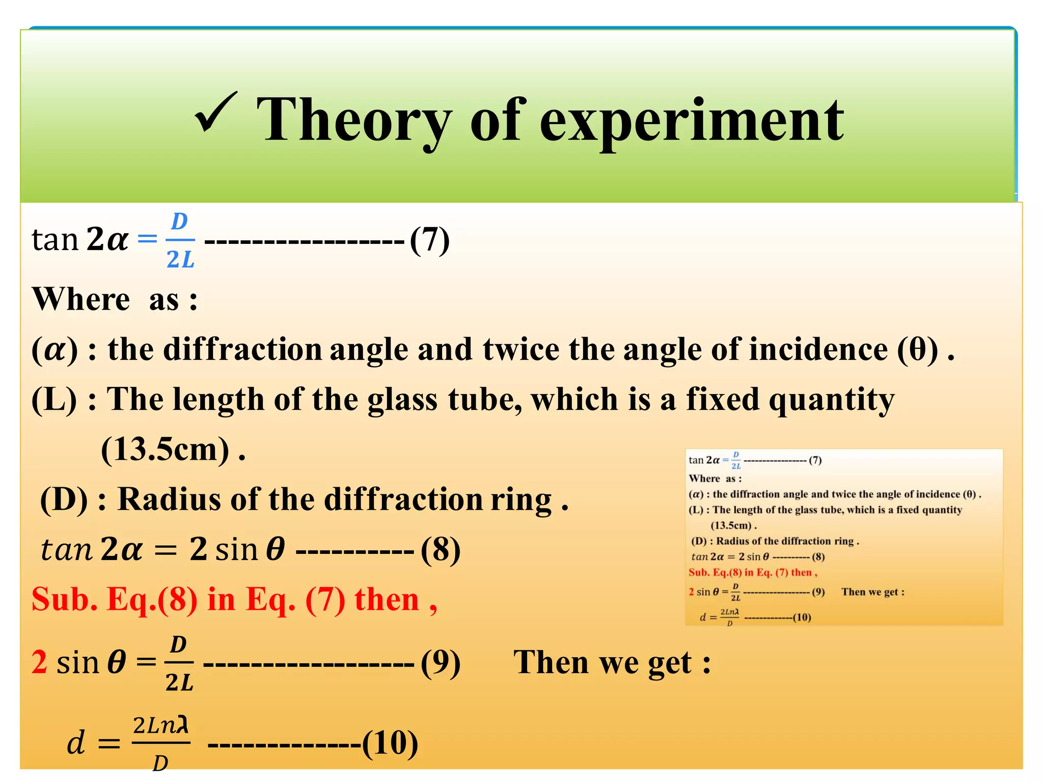 tan 𝟐𝜶 =
𝑫
𝟐𝑳
-----------------(7)
Where as :
(𝜶) : the diffraction angle and twice the angle of incidence (θ) .
(L) : The length of the glass tube, which is a fixed quantity
(13.5cm) .
(D) : Radius of the diffraction ring .
𝑡𝑎𝑛 𝟐𝜶 = 𝟐 sin 𝜽 ---------- (8)
Sub. Eq.(8) in Eq. (7) then ,
2 sin 𝜽 =
𝑫
𝟐𝑳
------------------ (9) Then we get :
𝑑 =
2𝐿𝑛‫ג‬
𝐷
-------------(10)
 Theory of experiment
 