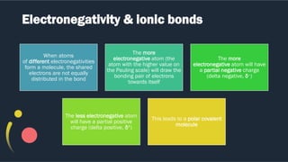Electronegativity & ionic bonds
When atoms
of different electronegativities
form a molecule, the shared
electrons are not equally
distributed in the bond
The more
electronegative atom (the
atom with the higher value on
the Pauling scale) will draw the
bonding pair of electrons
towards itself
The more
electronegative atom will have
a partial negative charge
(delta negative, δ–)
The less electronegative atom
will have a partial positive
charge (delta positive, δ+)
This leads to a polar covalent
molecule
 