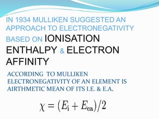 IN 1934 MULLIKEN SUGGESTED AN
APPROACH TO ELECTRONEGATIVITY
BASED ON IONISATION
ENTHALPY & ELECTRON
AFFINITY
ACCORDING TO MULLIKEN
ELECTRONEGATIVITY OF AN ELEMENT IS
AIRTHMETIC MEAN OF ITS I.E. & E.A.
 