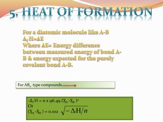 For ABn type compounds
-Δf H = n x 96.49 (ӼA -ӼB )2
Or
(ӼA -ӼB ) = 0.102
 